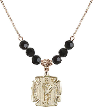 18" Hamilton Gold Plated Necklace with 4mm Jet Crystal Beads featuring a 14kt Gold Filled Saint Florian Medal. Engraved Catholic Saint Jewelry