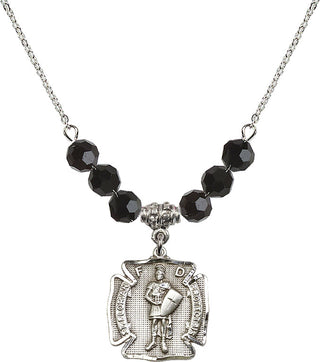 18" Rhodium Plated Necklace with 4mm Jet Crystal Beads featuring a Sterling Silver Saint Florian Medal. Engraved Catholic Saint Jewelry