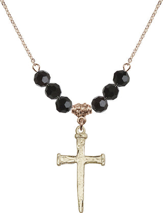 18" Hamilton Gold Plated Necklace with 4mm Jet Crystal Beads featuring a 14kt Gold Filled Nail Cross Medal.