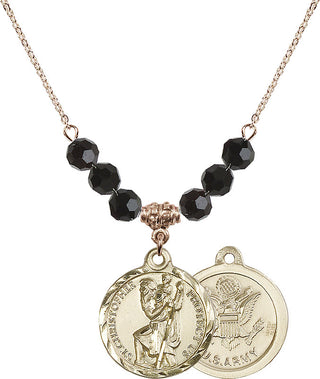 18" Hamilton Gold Plated Necklace with 4mm Jet Crystal Beads featuring a 14kt Gold Filled Saint Christopher / Army Medal.