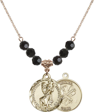 18" Hamilton Gold Plated Necklace with 4mm Jet Crystal Beads featuring a 14kt Gold Filled Saint Christopher / Nat'l Guard Medal.