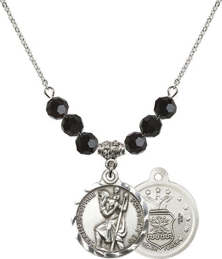 18" Rhodium Plated Necklace with 4mm Jet Crystal Beads featuring a Sterling Silver Saint Christopher / Air Force Medal.