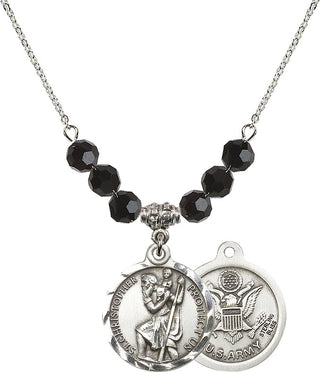 18" Rhodium Plated Necklace with 4mm Jet Crystal Beads featuring a Sterling Silver Saint Christopher / Army Medal.