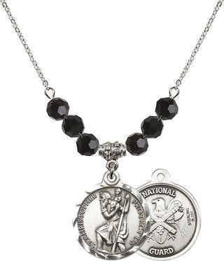 18" Rhodium Plated Necklace with 4mm Jet Crystal Beads featuring a Sterling Silver Saint Christopher / Nat'l Guard Medal.