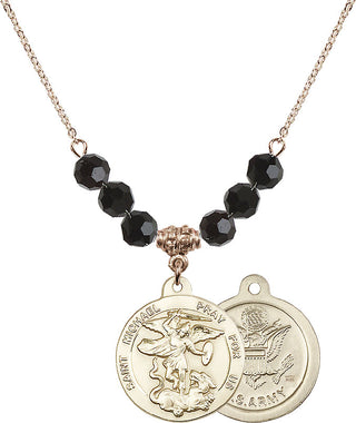 18" Hamilton Gold Plated Necklace with 4mm Jet Crystal Beads featuring a 14kt Gold Filled Saint Michael / Army Medal.