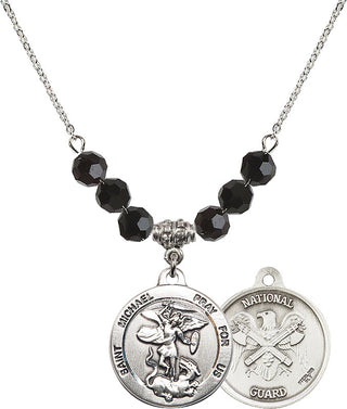 18" Rhodium Plated Necklace with 4mm Jet Crystal Beads featuring a Sterling Silver Saint Michael / Nat'l Guard Medal.
