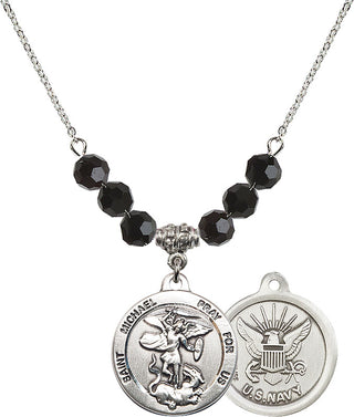 18" Rhodium Plated Necklace with 4mm Jet Crystal Beads featuring a Sterling Silver Saint Michael / Navy Medal.