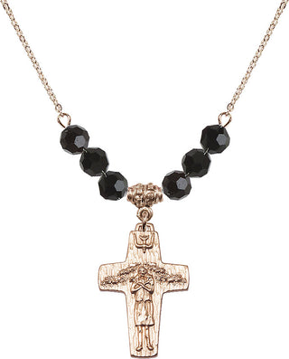 18" Hamilton Gold Plated Necklace with 4mm Jet Crystal Beads featuring a 14kt Gold Filled Papal Crucifix Medal.