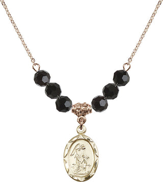 18" Hamilton Gold Plated Necklace with 4mm Jet Crystal Beads featuring a 14kt Gold Filled Guardian Angel Medal. Engraved Catholic Saint Jewelry