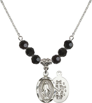 18" Rhodium Plated Necklace with 4mm Jet Crystal Beads featuring a Sterling Silver Miraculous Medal.