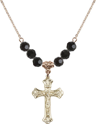 18" Hamilton Gold Plated Necklace with 4mm Jet Crystal Beads featuring a 14kt Gold Filled Crucifix Medal.