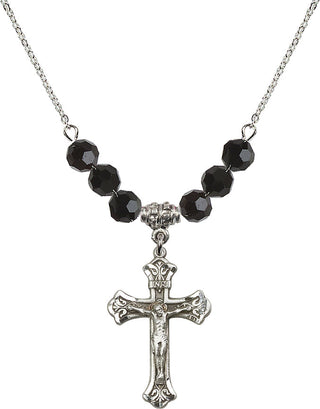 18" Rhodium Plated Necklace with 4mm Jet Crystal Beads featuring a Sterling Silver Crucifix Medal.