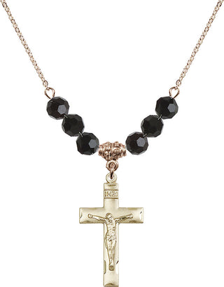 18" Hamilton Gold Plated Necklace with 4mm Jet Crystal Beads featuring a 14kt Gold Filled Crucifix Medal.