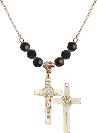 18" Hamilton Gold Plated Necklace with 4mm Jet Crystal Beads featuring a 14kt Gold Filled Saint Benedict Crucifix Medal.