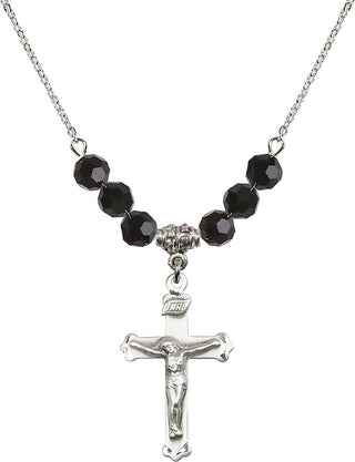 18" Rhodium Plated Necklace with 4mm Jet Crystal Beads featuring a Sterling Silver Crucifix Medal.