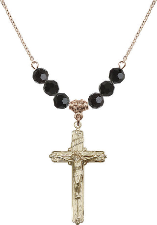 18" Hamilton Gold Plated Necklace with 4mm Jet Crystal Beads featuring a 14kt Gold Filled Crucifix Medal.