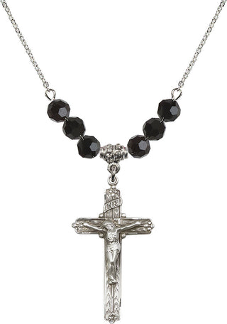18" Rhodium Plated Necklace with 4mm Jet Crystal Beads featuring a Sterling Silver Crucifix Medal.