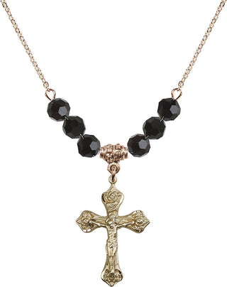 18" Hamilton Gold Plated Necklace with 4mm Jet Crystal Beads featuring a 14kt Gold Filled Crucifix Medal.