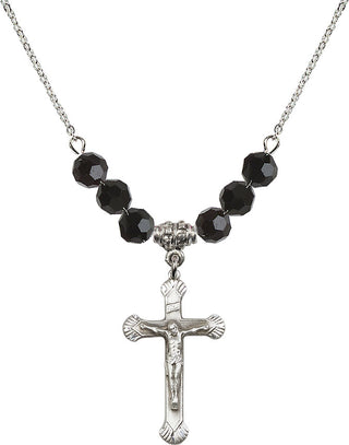 18" Rhodium Plated Necklace with 4mm Jet Crystal Beads featuring a Sterling Silver Crucifix Medal.