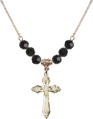 18" Hamilton Gold Plated Necklace with 4mm Jet Crystal Beads featuring a 14kt Gold Filled Cross Medal.