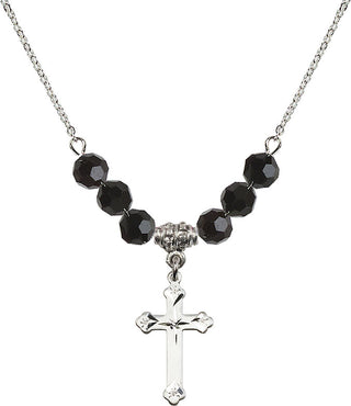 18" Rhodium Plated Necklace with 4mm Jet Crystal Beads featuring a Sterling Silver Cross Medal.