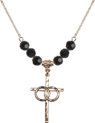 18" Hamilton Gold Plated Necklace with 4mm Jet Crystal Beads featuring a 14kt Gold Filled Wedding Rings Cross Medal.
