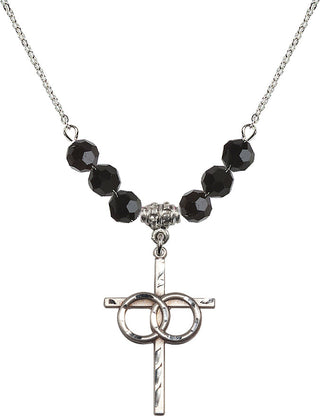 18" Rhodium Plated Necklace with 4mm Jet Crystal Beads featuring a Sterling Silver Wedding Rings Cross Medal.
