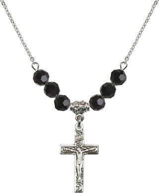 18" Rhodium Plated Necklace with 4mm Jet Crystal Beads featuring a Sterling Silver Crucifix Medal.