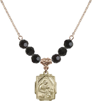 18" Hamilton Gold Plated Necklace with 4mm Jet Crystal Beads featuring a 14kt Gold Filled Saint Ann Medal. Engraved Catholic Saint Jewelry