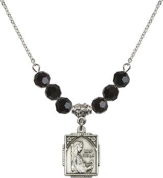 18" Rhodium Plated Necklace with 4mm Jet Crystal Beads featuring a Sterling Silver Saint Cecilia Medal. Engraved Catholic Saint Jewelry