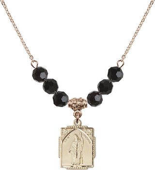 18" Hamilton Gold Plated Necklace with 4mm Jet Crystal Beads featuring a 14kt Gold Filled Saint Patrick Medal. Engraved Catholic Saint Jewelry