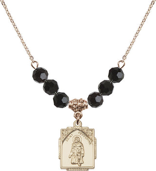 18" Hamilton Gold Plated Necklace with 4mm Jet Crystal Beads featuring a 14kt Gold Filled Saint Peregrine Medal. Engraved Catholic Saint Jewelry