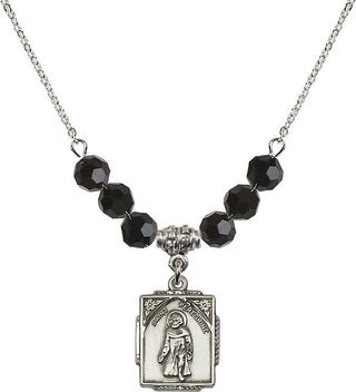 18" Rhodium Plated Necklace with 4mm Jet Crystal Beads featuring a Sterling Silver Saint Peregrine Medal. Engraved Catholic Saint Jewelry