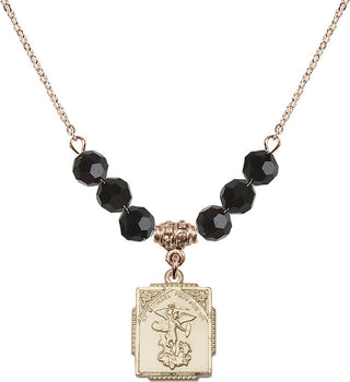 18" Hamilton Gold Plated Necklace with 4mm Jet Crystal Beads featuring a 14kt Gold Filled Saint Michael the Archangel Medal. Engraved Catholic Saint Jewelry