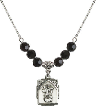 18" Rhodium Plated Necklace with 4mm Jet Crystal Beads featuring a Sterling Silver Saint Michael the Archangel Medal. Engraved Catholic Saint Jewelry