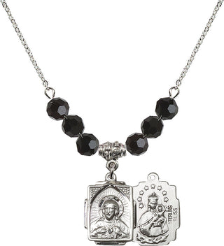 18" Rhodium Plated Necklace with 4mm Jet Crystal Beads featuring a Sterling Silver Scapular Medal.