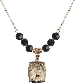 18" Hamilton Gold Plated Necklace with 4mm Jet Crystal Beads featuring a 14kt Gold Filled Saint Teresa of Calcutta Medal. Engraved Catholic Saint Jewelry