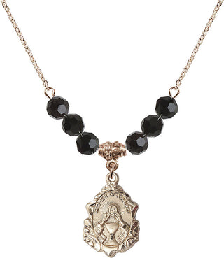 18" Hamilton Gold Plated Necklace with 4mm Jet Crystal Beads featuring a 14kt Gold Filled Mother of a Priest Medal. Engraved Catholic Saint Jewelry