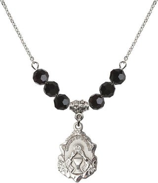 18" Rhodium Plated Necklace with 4mm Jet Crystal Beads featuring a Sterling Silver Mother of a Priest Medal. Engraved Catholic Saint Jewelry