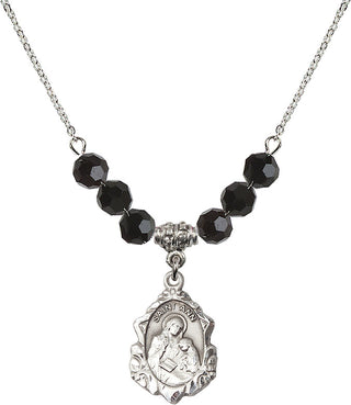 18" Rhodium Plated Necklace with 4mm Jet Crystal Beads featuring a Sterling Silver Saint Ann Medal. Engraved Catholic Saint Jewelry