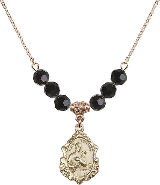 18" Hamilton Gold Plated Necklace with 4mm Jet Crystal Beads featuring a 14kt Gold Filled Saint Gerard Medal. Engraved Catholic Saint Jewelry