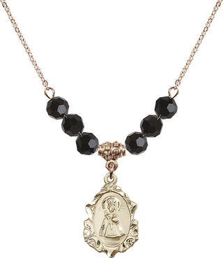 18" Hamilton Gold Plated Necklace with 4mm Jet Crystal Beads featuring a 14kt Gold Filled Infant of Prague Medal. Engraved Catholic Saint Jewelry