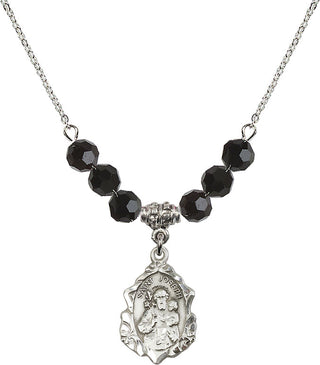 18" Rhodium Plated Necklace with 4mm Jet Crystal Beads featuring a Sterling Silver Saint Joseph Medal. Engraved Catholic Saint Jewelry