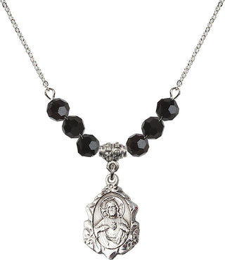 18" Rhodium Plated Necklace with 4mm Jet Crystal Beads featuring a Sterling Silver Scapular Medal.
