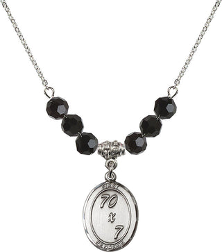 18" Rhodium Plated Necklace with 4mm Jet Crystal Beads featuring a Sterling Silver First Penance Medal.