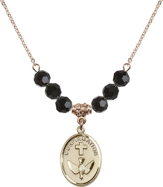 18" Hamilton Gold Plated Necklace with 4mm Jet Crystal Beads featuring a 14kt Gold Filled Confirmation Medal.