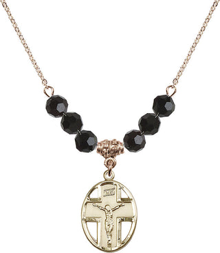 18" Hamilton Gold Plated Necklace with 4mm Jet Crystal Beads featuring a 14kt Gold Filled Crucifix Medal.