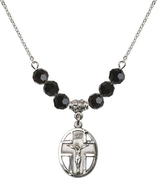 18" Rhodium Plated Necklace with 4mm Jet Crystal Beads featuring a Sterling Silver Crucifix Medal.
