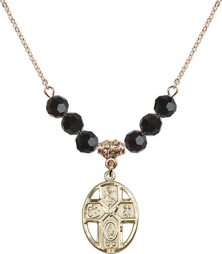 18" Hamilton Gold Plated Necklace with 4mm Jet Crystal Beads featuring a 14kt Gold Filled 5-Way / Holy Spirit Medal.