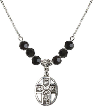 18" Rhodium Plated Necklace with 4mm Jet Crystal Beads featuring a Sterling Silver 5-Way / Holy Spirit Medal.
